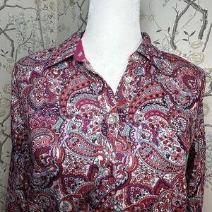 Lands End Button Up Short Women's Sz 4 Floral No Iron 100% Supima‎ Cotton Red